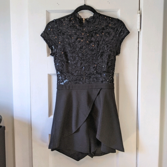 High-Neck Black Sequin Clubbing Romper Skort - Picture 1 of 9